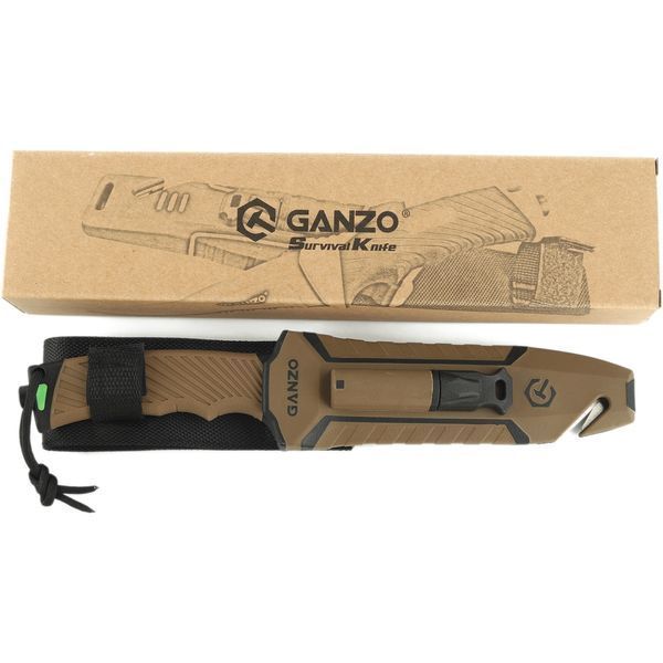 Ніж фіксований мисливський Ganzo G8012V2 (11.3 см) 8CR13 / ABS коричневий з чохлом 4 в 1 57449 фото