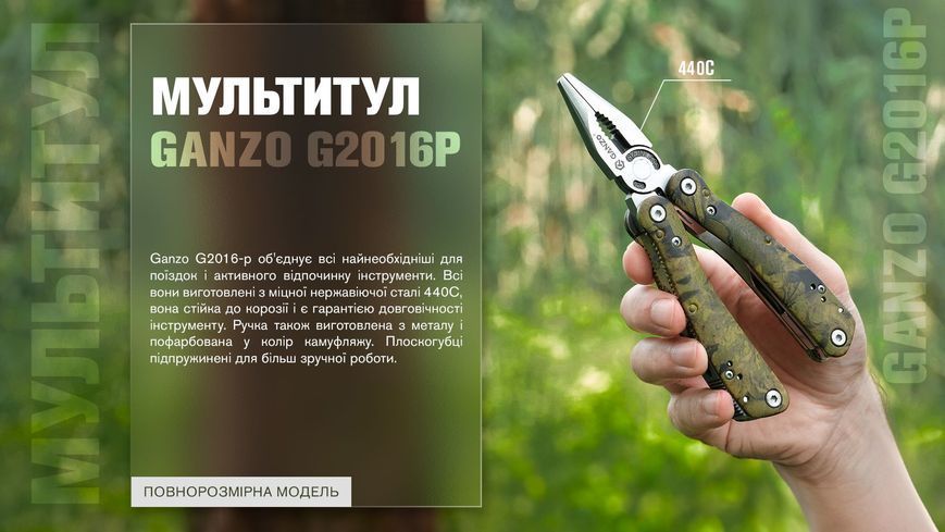 Мультитул Ganzo G2016-P, (16.5 см) 22 функції, камуфляжний + біти та чохол 44544 фото