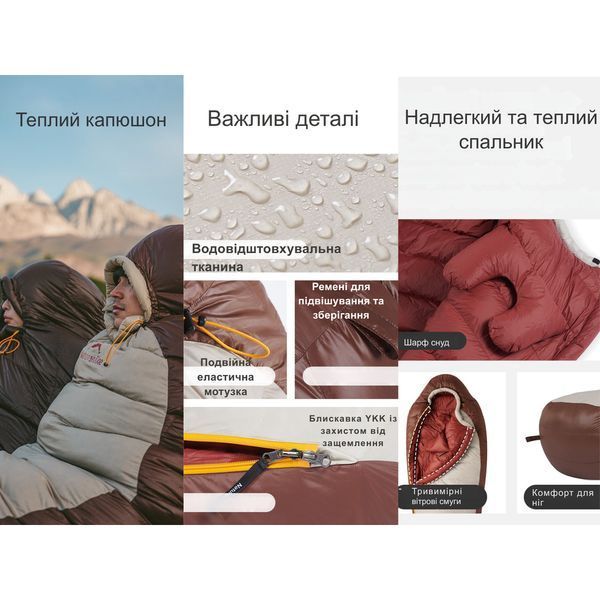 Спальник з натуральним пухом Naturehike Snowbird CNK2550WS014, p-р M, темно-коричневий 400 г