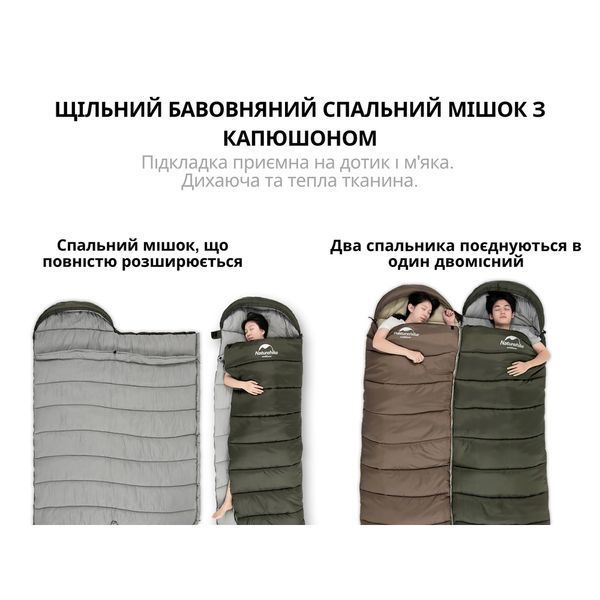 Спальник з капюшоном Naturehike U150 NH20MSD07, (11&deg;C), правий, коричневий
